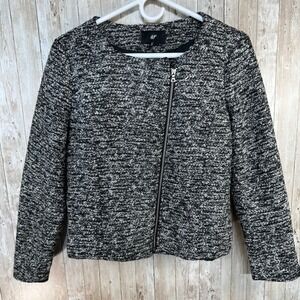 H&M Womens Tweed Blazer Size 12 Black White Silver Asymmetrical Zip Moto